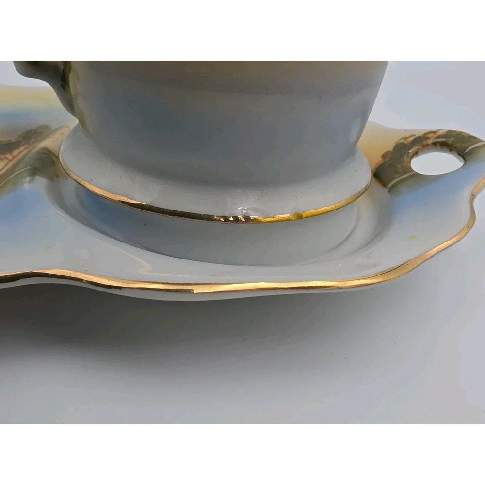 Vintage Japanese Eggshell Porcelain Mount Fuji Cup Snack Plate Set with Candle